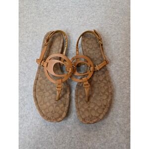 Coach Sandals Size 9.5 Signature T Strap Thong Tan Brown Flat Shoes C Logo